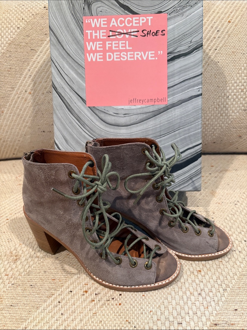 Jeffrey Campbell Gray Suede Lace-Up Peep-Toe Booties with Olive Laces